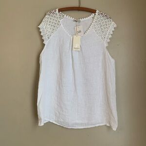 ALESSIA PACINI Top Womens Large White 100% Linen Blouse Crochet Trim Minimalist